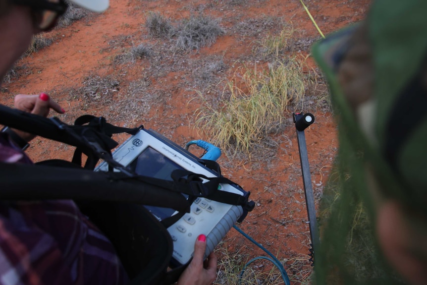 Archaeologist Kelsey Lowe from the University of Southern Queensland uses a ground penetrating radar outside Windorah cemetery