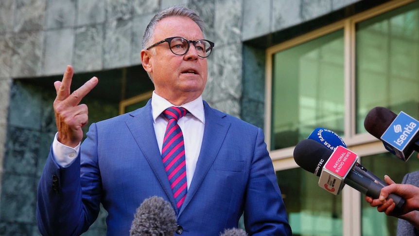 Joel Fitzgibbon holds three fingers up while speaking to the media in a courtyard at parliament house