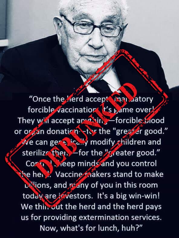 Facebook post image of Henry Kissinger and a misattributed quote with a large debunked stamp on top