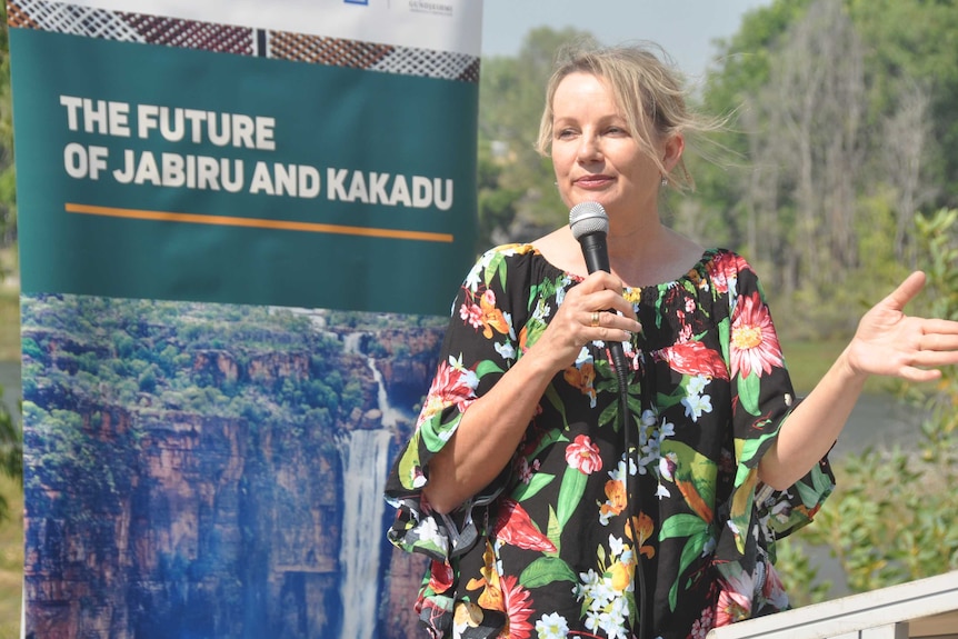Environment Minister Sussan Ley presenting a speech in Jabiru