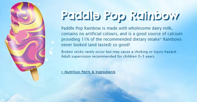 The Paddle Pop website showing nutrition information