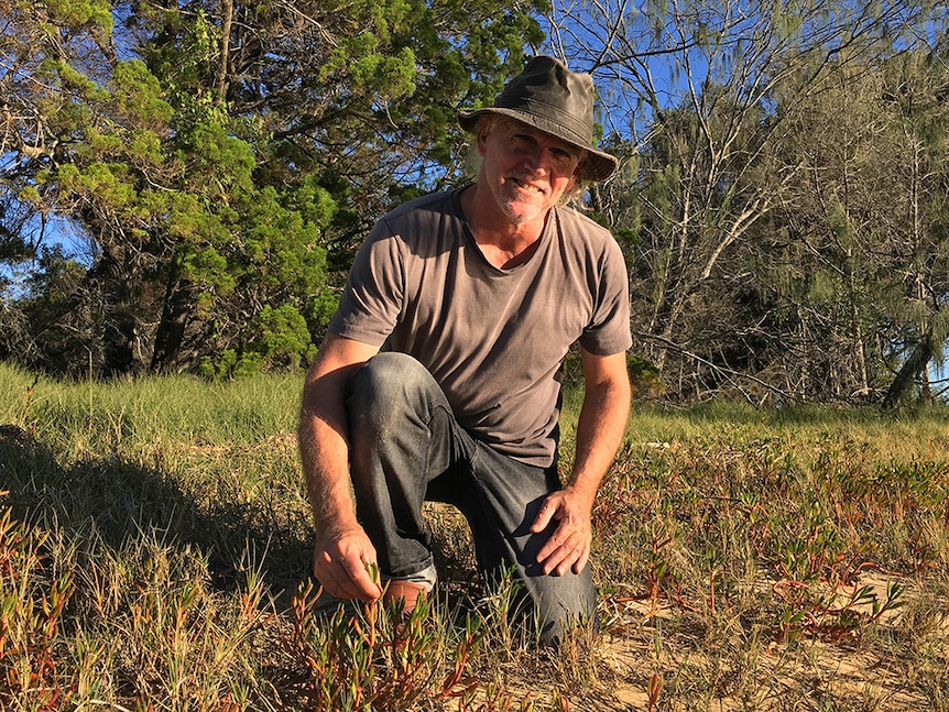 Peter Hardwick kneels in succulents.