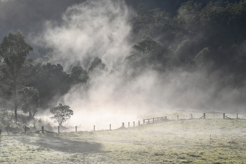 Fog lifts from a landscape in the Yarramalong Valley in the morning light