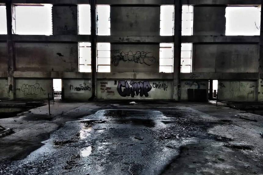Graffitti inside a gloomy building