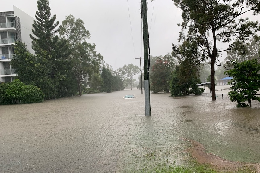 Rain and floodwater at retirement village at Yeronga in Brisbane