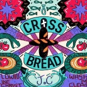 Promotional tile for CrossBread podcast featuring title and brightly coloured religious images and words.