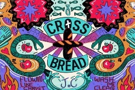 Promotional tile for CrossBread podcast featuring title and brightly coloured religious images and words.