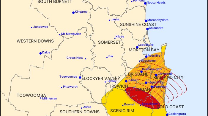 A Bureau of Meteorology graphic shows a red region representing a dangerous storm headed over the greater Brisbane area.