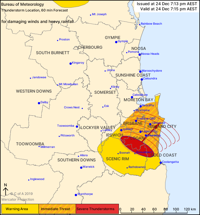 A Bureau of Meteorology graphic shows a red region representing a dangerous storm headed over the greater Brisbane area.