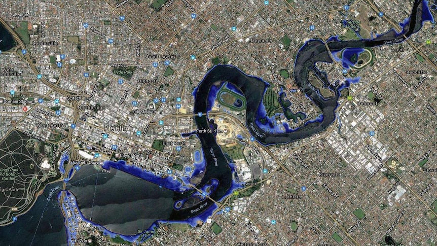 A map shows water flooding areas of Perth including Langley Park, the WACA, Elizabeth Quay, and sections along the Swan River.