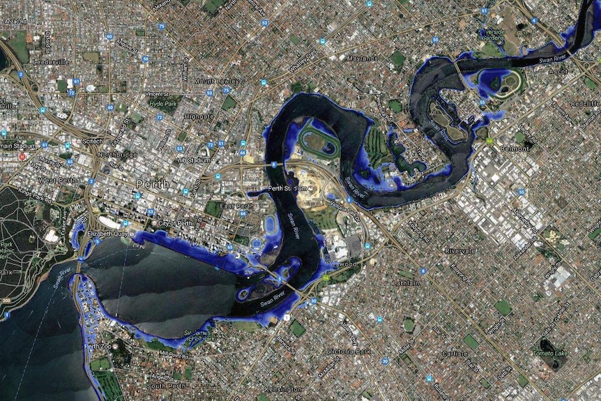 A map shows water flooding areas of Perth including Langley Park, the WACA, Elizabeth Quay, and sections along the Swan River.