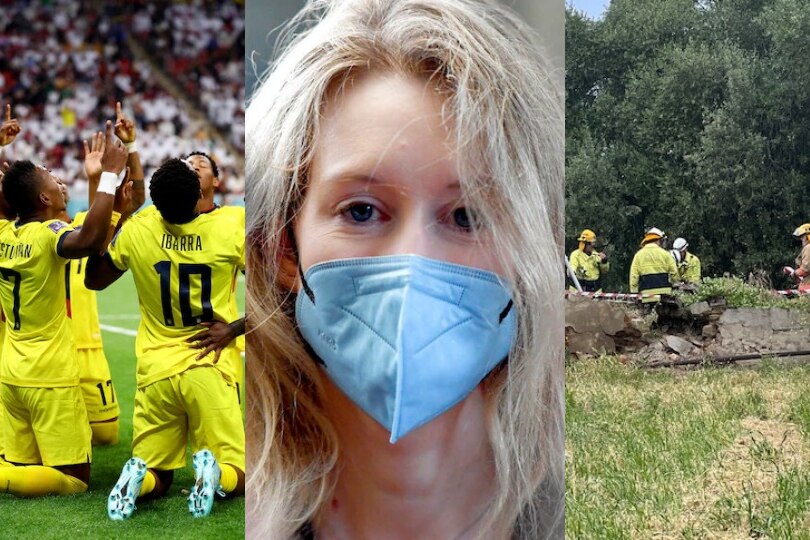 A composite of three images: A soccer team celebrating, a white woman wearing a face mask, and emergency workers in grass