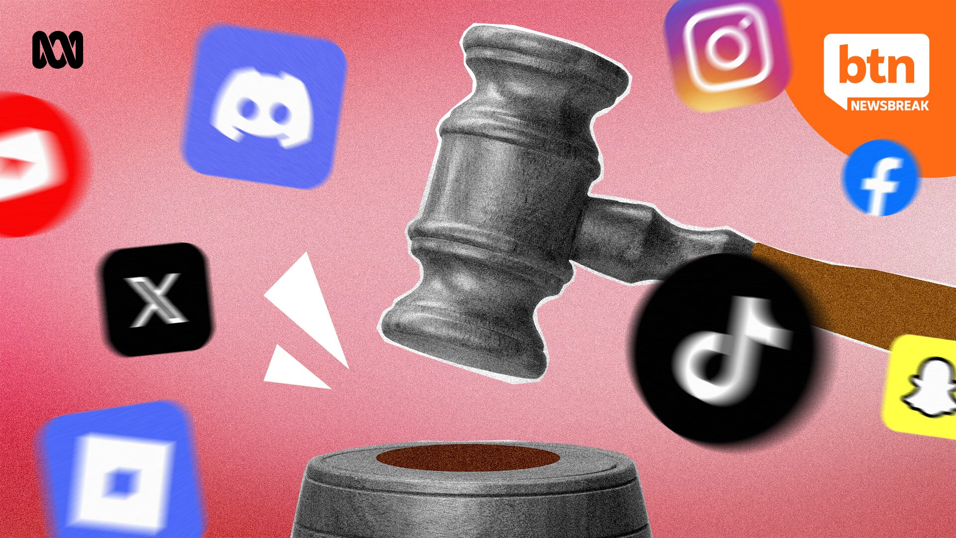 Illustration of a judge's gavel (hammer) coming down while various social media app icons swirl around it.