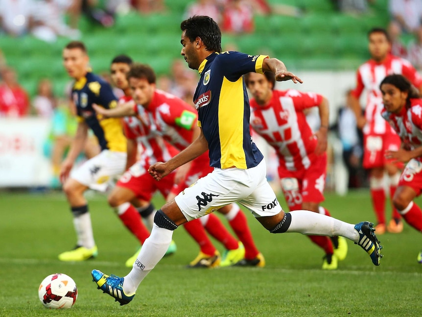 Marcos Flores scores from the penalty spot for Central Coast