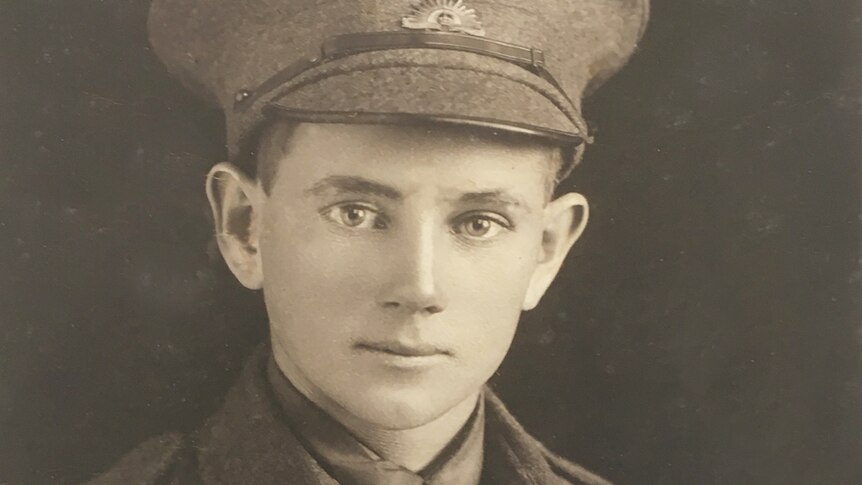 Studio portrait of Roy Wynter, a 17-year-old WW1 soldier in his uniform