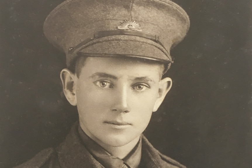 Studio portrait of Roy Wynter, a 17-year-old WW1 soldier in his uniform