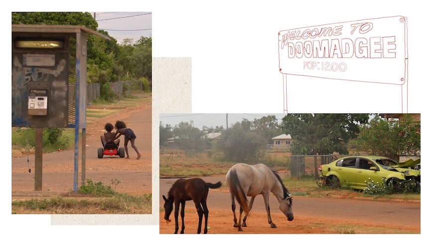 A photo of two children playing in the street next to a public phone and a photo of two horses on a street next to a crashed car