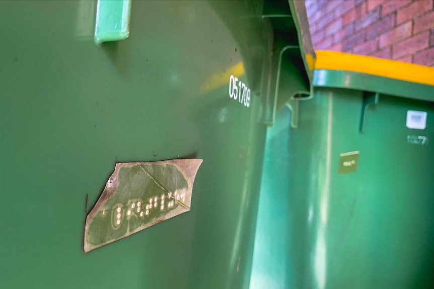photo of rubbish bins with Braille stickers