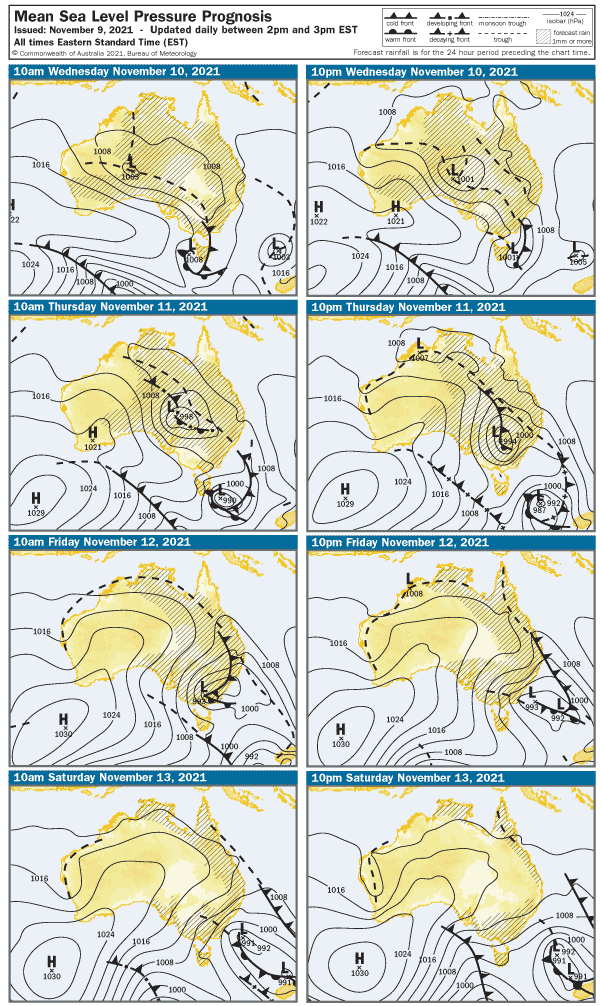 Synoptic maps showing troughs snaking across the country and low developing over the next few days 