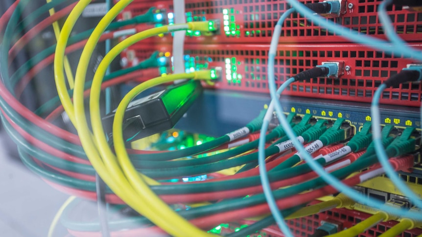 Cables going into the back of a computer server system