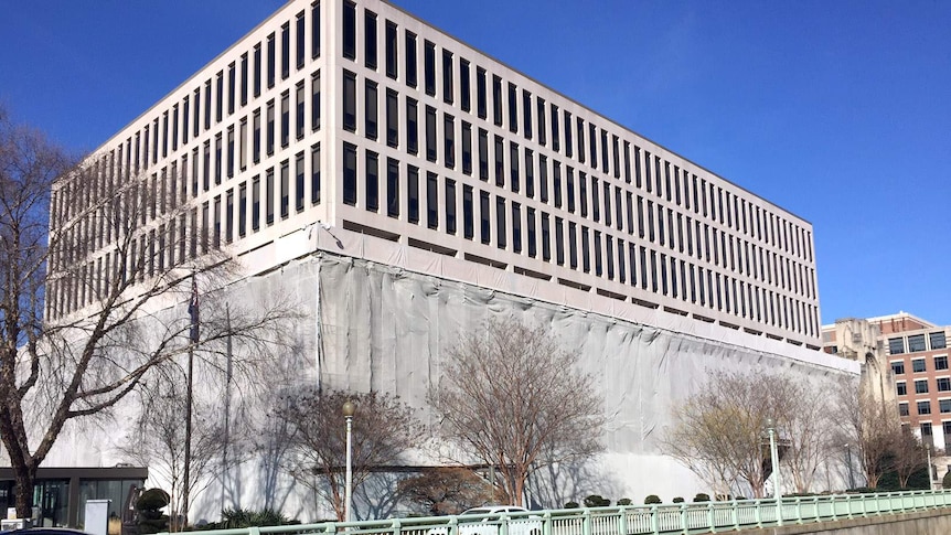 Australian embassy in Washington covered by scaffolding