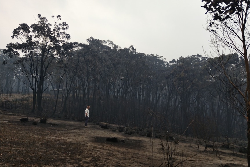 Michael Kirchhoff in front of burnt bushland.