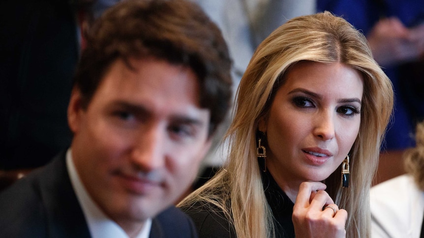 Ivanka Trump and Canadian Prime Minister Justin Trudeau sit at a meeting in the White House.
