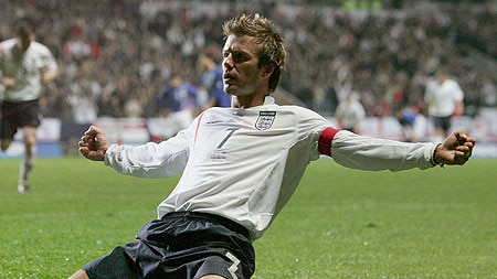 David Beckham celebrates after scoring the second goal for England