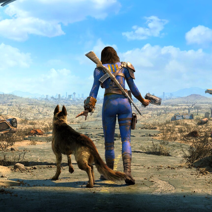 A woman in a blue suit with yellow details, carrying weapons, with a German Shepherd by her side, walking into a wasteland.