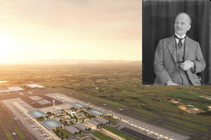 A photo of an airport with a superimposed photo of a man in the corner