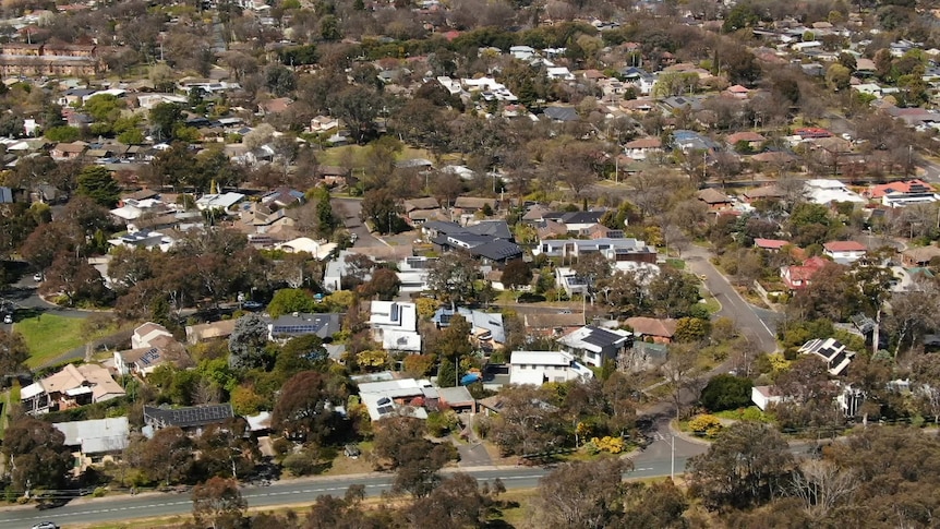 An aerial view of houses in the Canberra suburb or Lyneham.