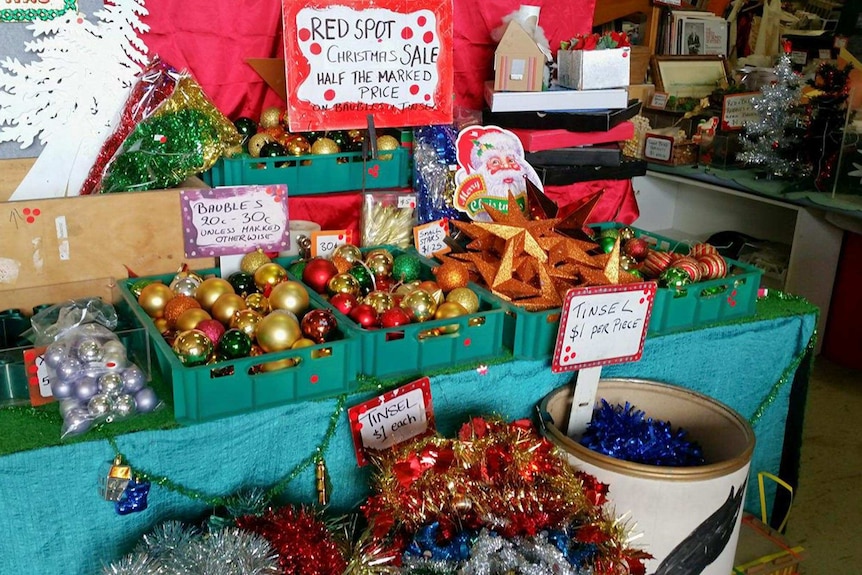 Christmas decorations in boxes.