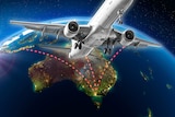 A graphic image of a plane flying away from Australia, with dotted red lines radiating from Victoria.