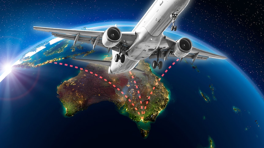A graphic image of a plane flying away from Australia, with dotted red lines radiating from Victoria.