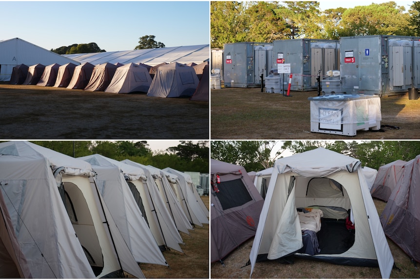 Four different photos showing tents and portable bathrooms.
