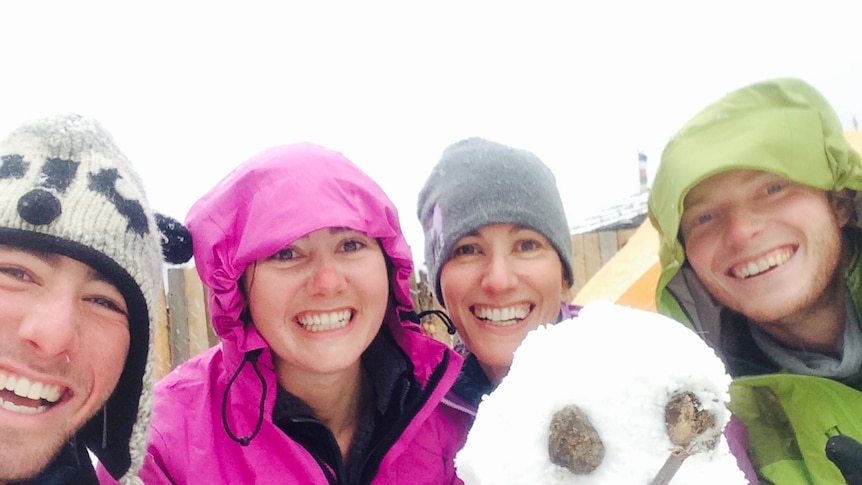 (L to R) Callum, Bek, Heather and Matt trekked through snow and monsoonal rain to complete the 1750 kilometre journey.