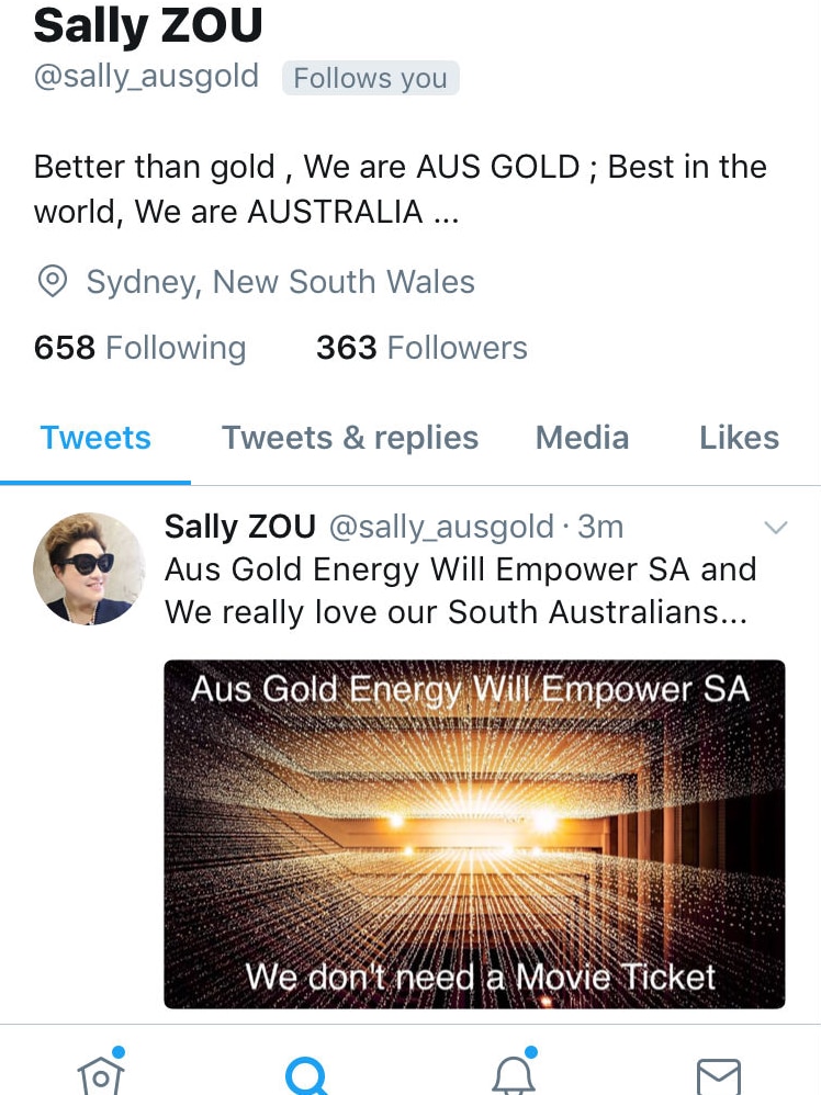 Sally Zou tweet about AusGold