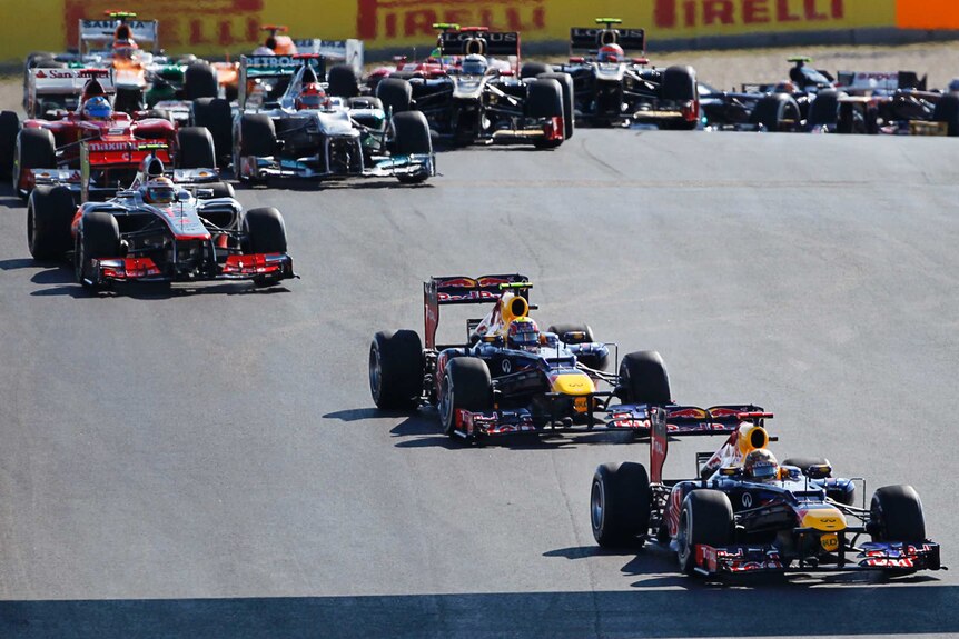 Sebastian Vettel and Mark Webber (front two) secured the constructor's championship despite Webber's DNF.