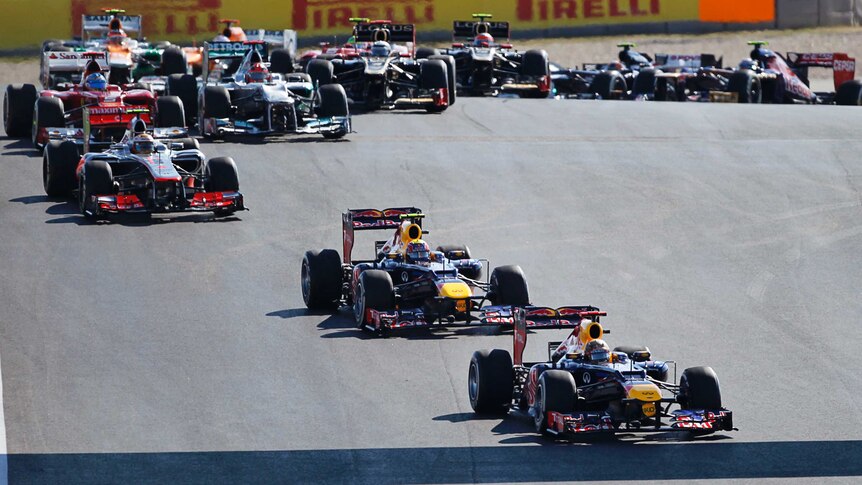 Sebastian Vettel and Mark Webber (front two) secured the constructor's championship despite Webber's DNF.