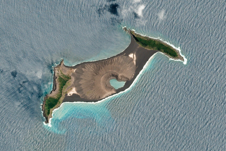 An island with a volcanic crater in the middle.