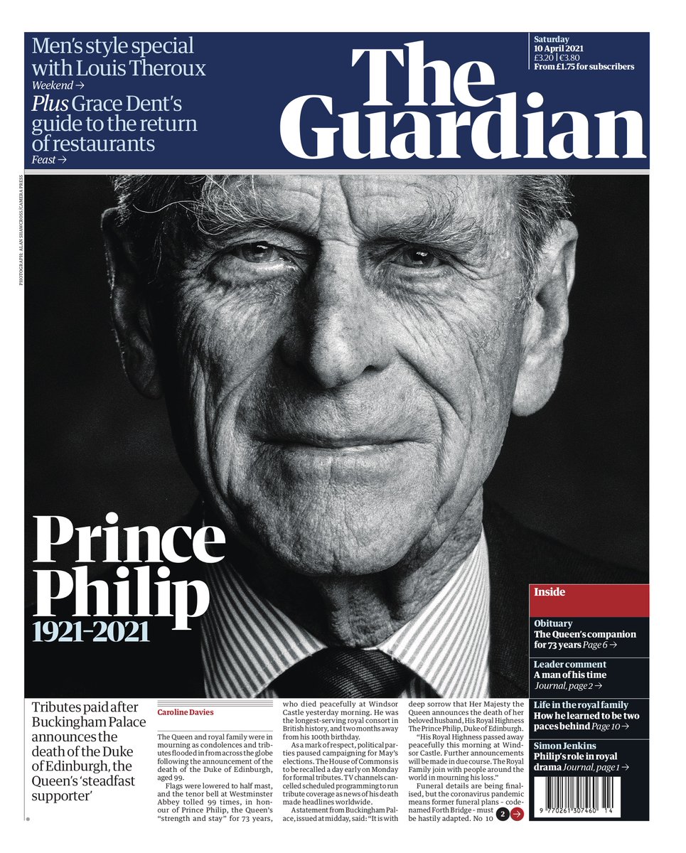 The front page of the UK newspaper The Guardian the day after the death of Prince Philip.