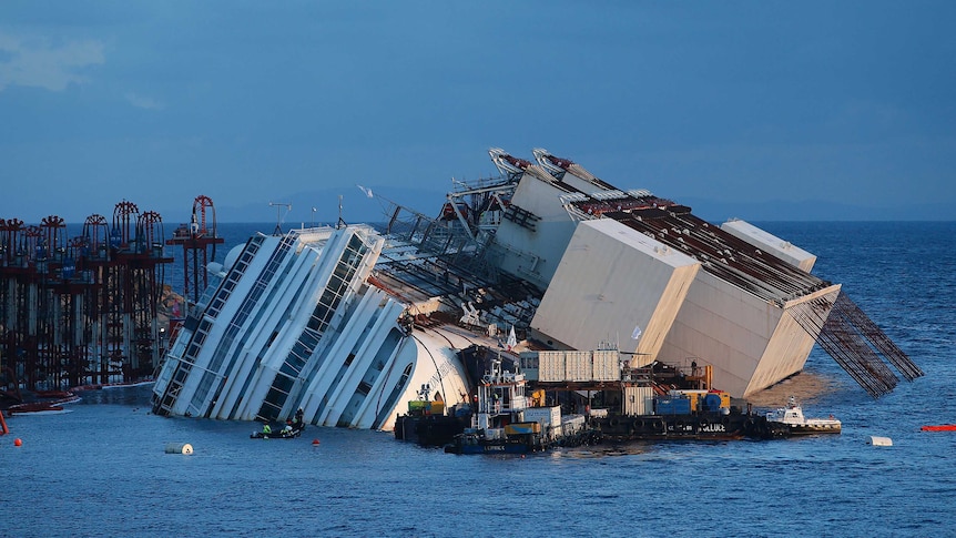 The capsized Costa Concordia cruise liner as it is about to be salvaged