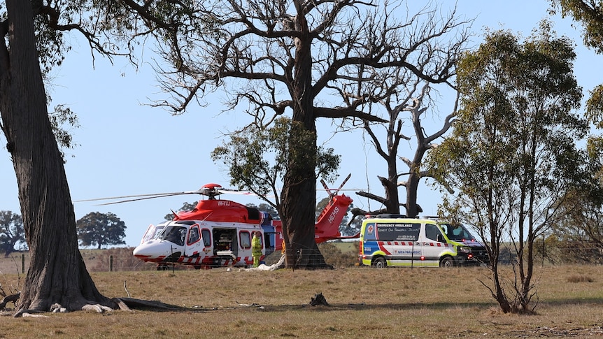 Wide image of an open field with emergency services vehicles standing around.