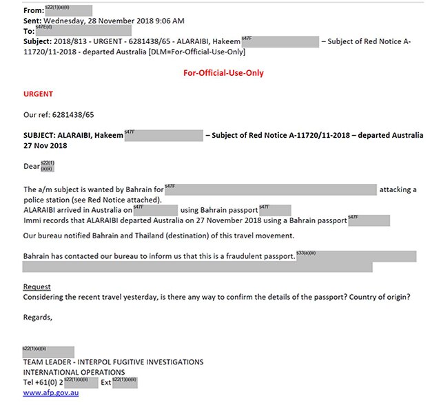 Email from Interpol to Home Affairs.