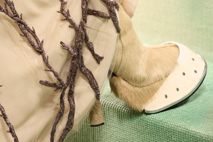 A close-up of a high heel shaped like a horse's hoof.