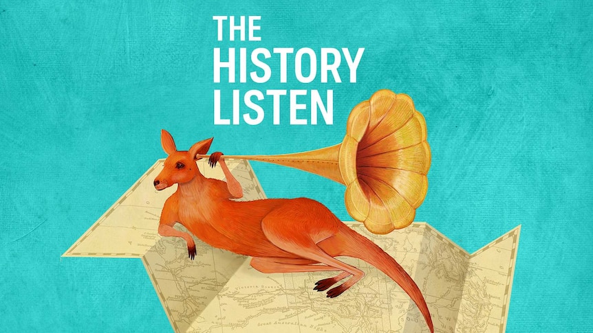 An illustration of a kangaroo lies on a vintage map with a gramophone horn in its ear