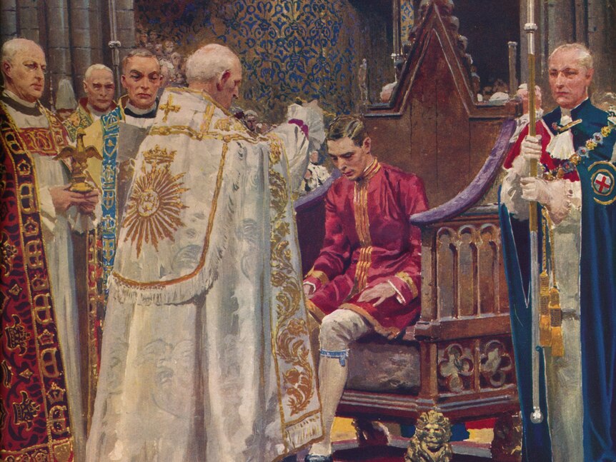 A painting of King George VI being anointed by the Anglican Archbishop at his coronation in 1937.
