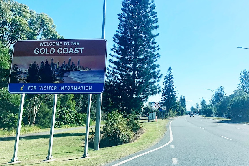 Welcome to the Gold Coast sign on road near the Queensland-New South Wales border.