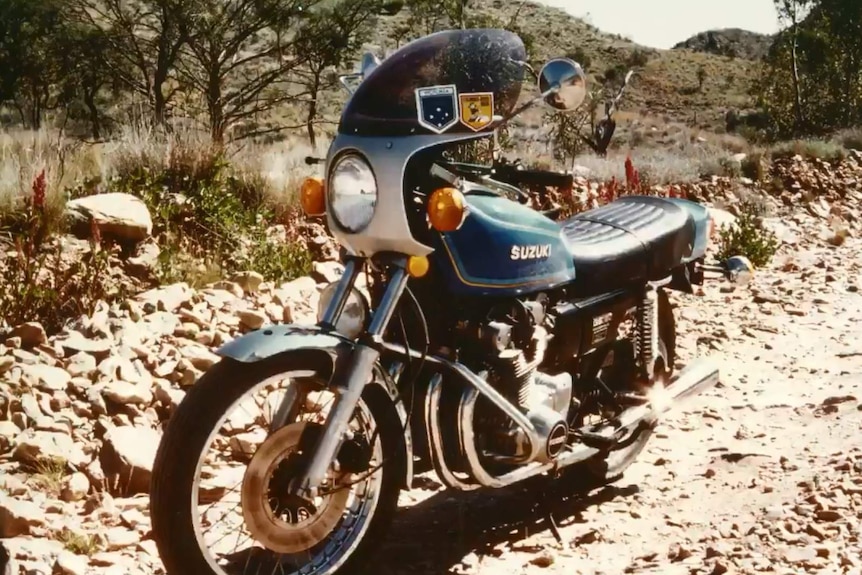 A distinctive blue 1977 Suzuki GS750.