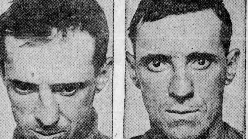 Black and white 'before' and 'after' images of two men, the first with crooked and then straightened nose.